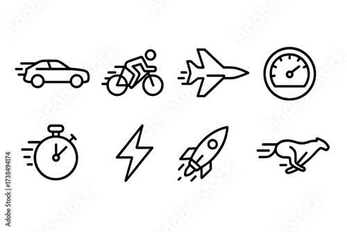 Fast Movement Icons. Outline icon set of fast movement: speeding car, racing bike, jet plane, speedometer, stopwatch, lightning bolt, rocket, cheetah. Line