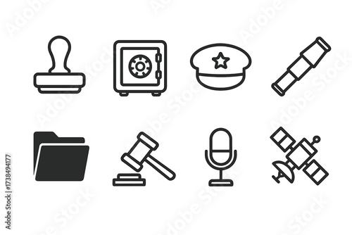 Government Secrecy Icons. Outline icon set of government secrecy: classified stamp, safe vault, military hat, spyglass, black file folder, gavel, microphone,