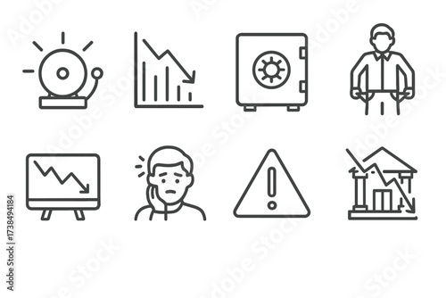 Financial Panic Icons. Outline icon set of financial panic: alarm bell, falling graph, broken safe, empty pockets, declining stock ticker, worried investor,