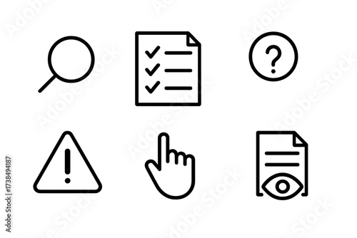 Nutrition Label Icons. Outline icon set of nutrition label reading: magnifying glass, checklist, question mark, info icon, warning triangle, hand pointing,