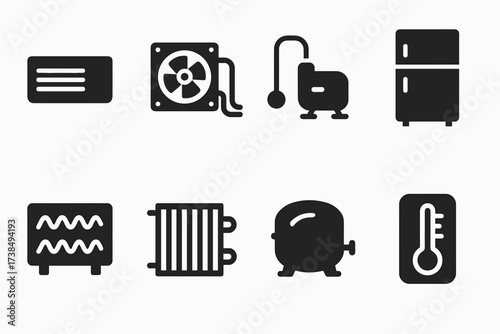 Cooling Systems Icons. Solid, filled icon set of cooling systems: HVAC unit, liquid cooling, refrigeration unit, evaporator, condenser, compressor, cooling