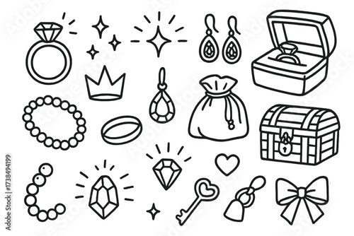 Jewelry Doodle Icons. Hand-drawn doodle illustration precious jewelry diamond ring, pearl necklace, gold bracelet, sapphire earrings, ruby pendant, jewelry