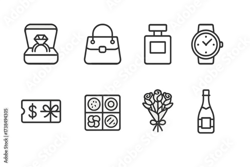 Party and Luxury Icons. Outline icon set of surprise party essentials: party blower, confetti cannon, balloon cluster, gift box, sparkler, cupcake, party hat,