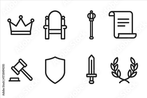 Medieval Court Icons. Outline icon set of medieval court: crown, throne, scepter, scroll, gavel, shield, sword, laurel wreath. Line icons in only black color,