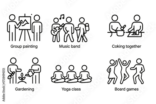 Shared Hobbies Icons. Outline icon set of shared hobbies: group painting, music band, hiking group, cooking together, gardening, yoga class, dance group, board