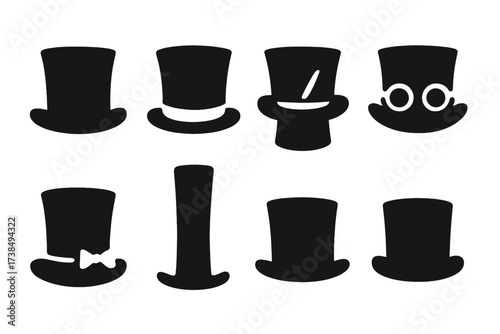 Top Hat Icon Collection. Solid, filled icon set of top hats: classic top hat, silk top hat, magician?s top hat, vintage top hat, steampunk top hat, wedding top