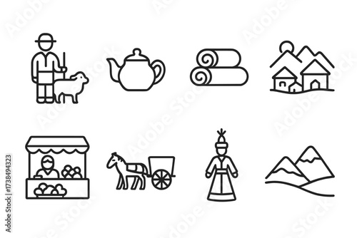 Cultural Line Icon Set. Outline icon set of Kyrgyz daily life: shepherd, tea pot, felt blankets, mountain village, marketplace, horse cart, traditional dress,