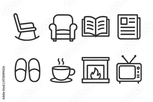 Uncle's Relaxation Icons. Outline icon set of uncle?s relaxation: rocking chair, armchair, book, newspaper, slippers, coffee cup, fireplace, television. Line