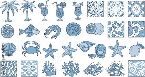 Stylized tropical beach vector set with coral, citrus, drinks, shells, starfish, waves, and abstract ocean tiles in blue tones