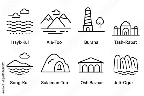 Central Asian Iconography. Outline icon set of Kazakh crafts and art: felt carpet, embroidery, leatherwork, silver jewelry, wood carving, dombra decoration,