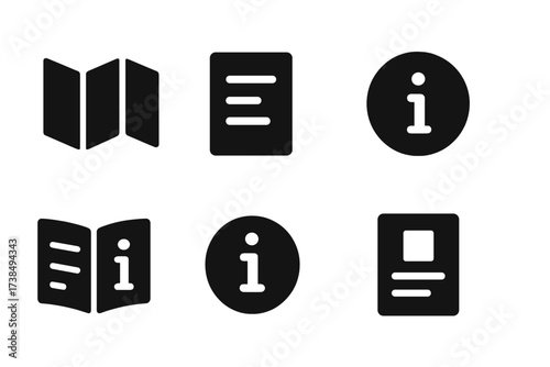 Information Icons Grid. Solid, filled icon set of informational signs: map, directory, help icon, question mark, guidebook, brochure, info circle, tutorial.