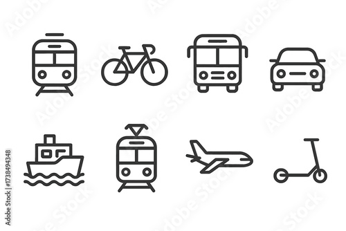 Slovak Transport Icons. Outline icon set of Slovak transportation: train, bicycle, bus, car, ferry, tram, airplane, scooter. Line icons in only black color,