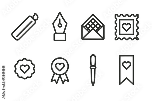 Love Letter Icons. Outline icon set of love letter accessories: sealing wax stick, calligraphy nib, envelope liner, postage stamp, decorative sticker, sealing