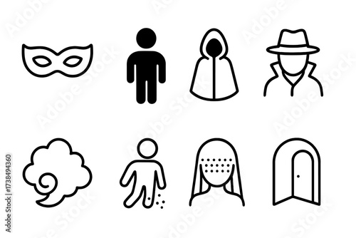 Disguise Icon Set. Outline icon set of disguise and illusion: masquerade mask, shadow figure, cloak, hidden face, smoke cloud, disappearing figure, veil,