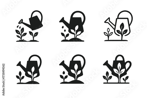 Home Garden Logos. Home and garden improvement. Set Logo of home and garden improvement: watering can and plants. harmonious logo variations of the same