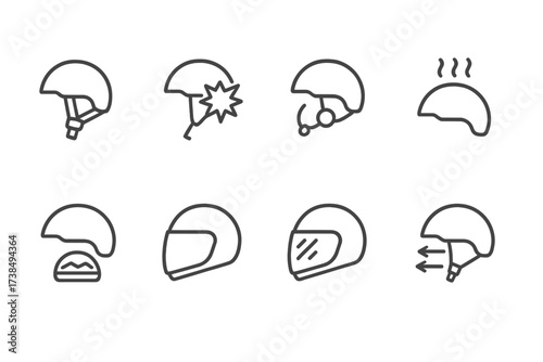 Helmet Icon Features. Outline icon set of helmet features: adjustable strap, impact sensor, communication headset, thermal insulation, shock absorber, face