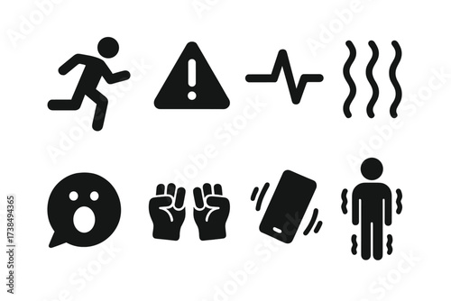 Panic Reaction Icons. Solid, filled icon set of panic reactions: running figure, alert icon, heartbeat spike, shaky lines, scream bubble, clenched fists, phone