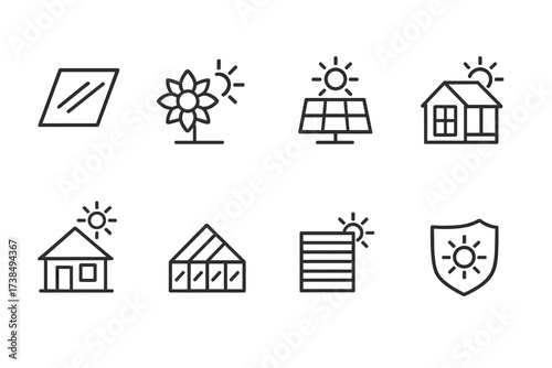Sun and Nature Icons. Outline icon set of sunlight and nature: sunflower, solar panel, leaf with sun, tree shadow, sunlit mountain, flower bloom, water