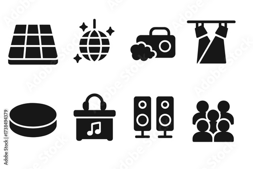 Dance Floor Icons. Solid, filled icon set of dance floor elements: illuminated tiles, disco ball, fog machine, spotlights, dance podium, DJ booth, speakers,