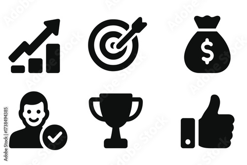 Consultation Benefits Icons. Solid, filled icon set of consultation benefits: growth arrow, target, light bulb, money bag, satisfied client, trophy, handshake,