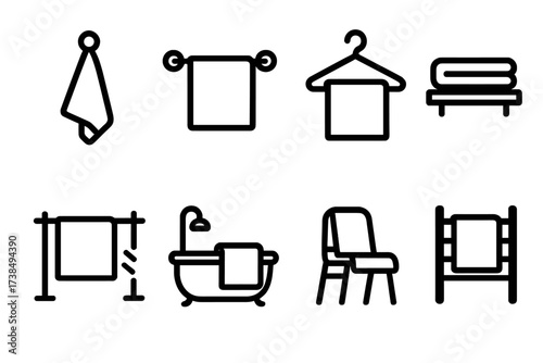 Towel Icon Set. Solid, filled icon set of towel drying and hanging: towel on hook, towel on rail, towel on hanger, towel on shelf, towel drying outside, towel