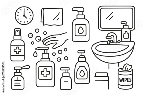 Hygiene Essentials Doodle. Hand-drawn doodle illustration hand sanitizer dispenser sanitizer bottle, pump nozzle, hand, bubbles, sink, faucet, water droplet,
