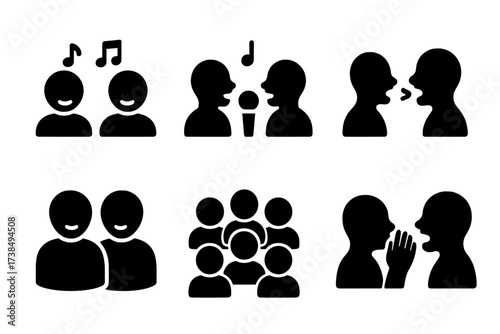 Duet Vocal Icons. Solid, filled icon set of duet vocal expressions: harmony, duet singing, call and response, vocal blend, acapella, duet whisper, duet shout,