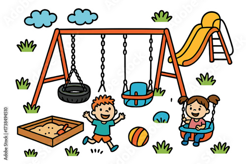 Colorful Playground Fun. Playground swings. Colorful Hand-drawn doodle Children illustration playground swings swing set, metal frame, tire swing, baby swing,