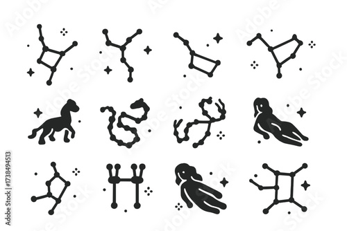 Stellar Constellation Icons. Stellar Constellations. Solid icons set of Stellar Constellations: Orion, Ursa Major, Ursa Minor, Cassiopeia, Leo,