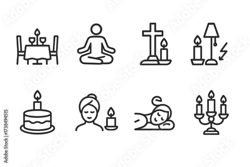 Candlelight Occasions Icons. Outline icon set of candlelight occasions: romantic dinner, meditation, birthday celebration, religious ceremony, power outage,