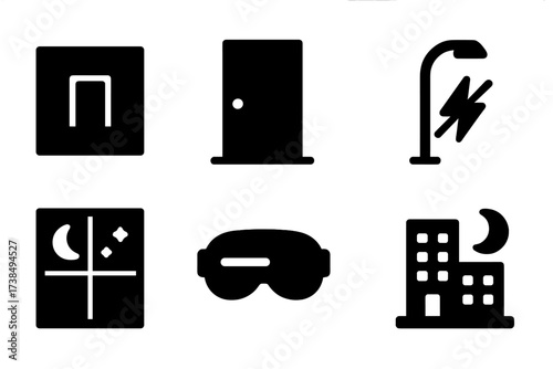 Darkness Icon Collection. Solid, filled icon set of dark environments: dark room, closed door, blackout, power outage, streetlight off, night window,