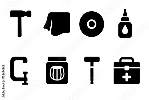 Tabla Maintenance Icons. Solid, filled icon set of tabla maintenance: tuning hammer, cleaning cloth, replacement drumhead, lubricating oil, tightening tool,