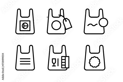 Reusable Bag Icons. Outline icon set of reusable bag marketing and branding: printed logo, price tag, promotional sticker, custom design, slogan print, color