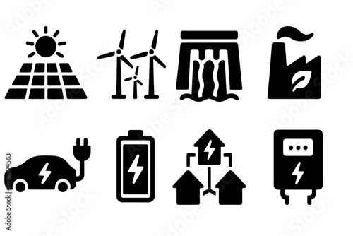 Renewable Energy Icons. Solid, filled icon set of renewable integration: solar farm, wind park, hydroelectric dam, biomass plant, electric vehicle, energy