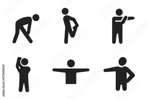 Warm-Up Stretch Icons. Solid, filled icon set of warm-up stretches: hamstring stretch, quad stretch, calf stretch, shoulder stretch, triceps stretch, back