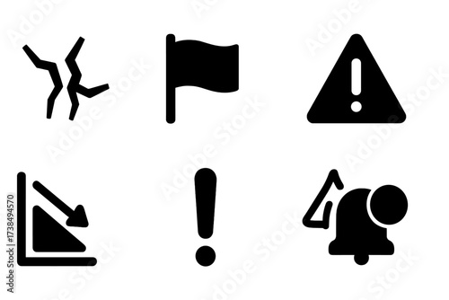 Collapse Warning Icons. Solid, filled icon set of collapse warning signs: cracks, red flag, alarm bell, warning triangle, decreasing graph, exclamation mark,