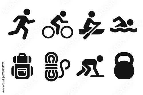 Endurance Sports Icons. Solid, filled icon set of endurance sports: marathon runner, cycling bike, rowing boat, swimming lane, hiking backpack, climbing rope,