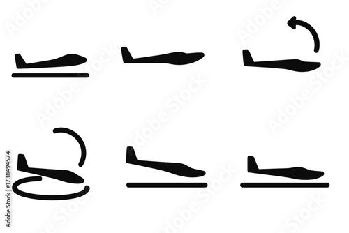 Glider Flight Phases Icons. Solid, filled icon set of glider flight phases: takeoff, climb, cruising, thermaling, circling, landing approach, touchdown,