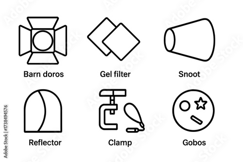 Lighting Accessories Icons. Outline icon set of lighting accessories: barn doors, gel filter, snoot, diffuser, reflector, clamp, safety cable, gobos. Line