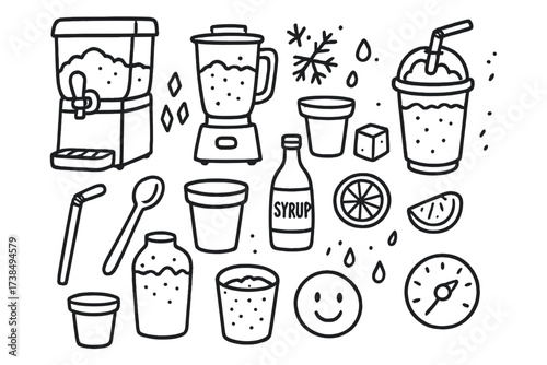 Slush Machine Icons. Hand-drawn doodle illustration slush machine and preparation blender, slush cup, ice crystals, syrup bottle, straw, spoon, paper cup, lid,