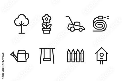 Garden Icon Set. Outline icon set of garden and yard: tree, flower pot, lawn mower, garden hose, watering can, swing, fence, birdhouse. Line icons in only