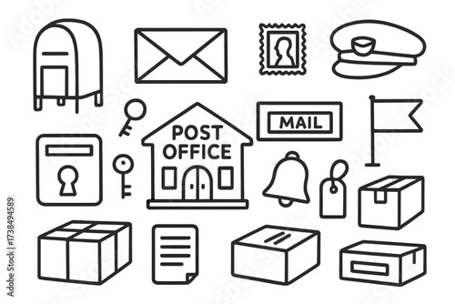 Postal Doodle Essentials. Hand-drawn doodle illustration Postal service essentials mailbox, envelope, parcel, stamp, postman hat, post office building, lock,