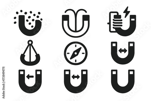 Magnet Experiment Icons. Solid, filled icon set of magnet experiments: iron filings, magnetic field visualization, coil and magnet, induced voltage, magnetic