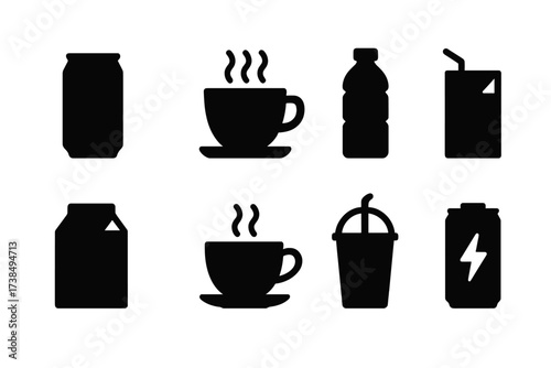 Snack Drink Icons. Solid, filled icon set of snack drinks: soda can, coffee cup, bottled water, juice box, milk carton, tea cup, smoothie cup, energy drink.