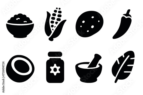 Ethnic Cuisine Icons. Solid, filled icon set of ethnic cuisine: bowl of rice, corn, flatbread, chili pepper, coconut, spice jar, mortar and pestle, banana