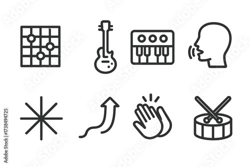 Music Icon Set. Outline icon set of sound pack elements: drum loop, bassline, synth lead, vocal sample, effect hit, riser, clap, snare roll. [Line icons in