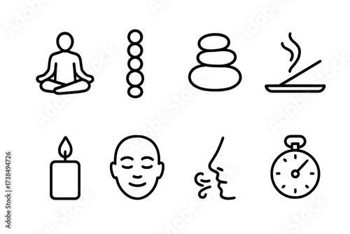 Mindfulness and Digital Icons. Outline icon set of meditation and mindfulness: lotus pose, chakra, zen stone stack, incense, candle flame, peaceful face,
