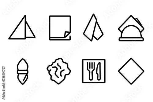 Napkin Icon Set. Outline icon set of napkin: folded napkin, paper napkin, cloth napkin, napkin holder, napkin ring, crumpled napkin, napkin with fork and