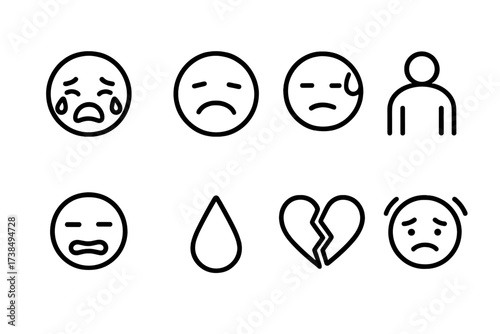 Loser Emotions Icons. Outline icon set of loser emotions: crying face, disappointed expression, sweat drop, slumped shoulders, biting lip, tear drop, broken