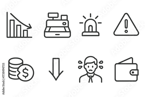 Revenue Decline Icons. Outline icon set of revenue decline: falling bar graph, empty cash register, alarm light, warning triangle, broken coin stack, red arrow